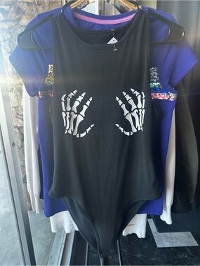 SHEIN Black Bodysuit with White Skeleton Print